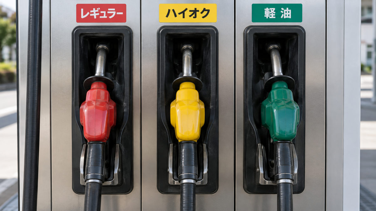 红色レギュラー、黄色ハイオク、绿色軽油；请以车辆指定油品为准。灯油在专用设备供应。