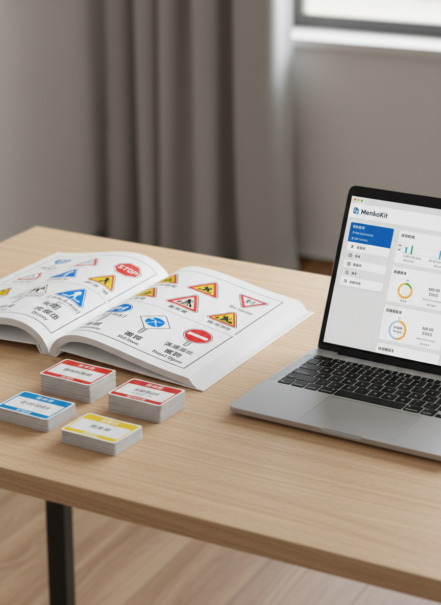 A clean, modern Japanese driving theory study desk without any people, featuring an open bilingual textbook showing Japanese road signs with Chinese and English annotations, a neatly arranged set of color-coded flashcards labeled in Japanese and Chinese, and a slim silver laptop displaying a mock MenkyoKit dashboard with practice test scores and progress charts. The desk surface is light maple wood, set against a softly blurred background of a minimalist study room. Soft daylight from a nearby window creates gentle, natural reflections on the laptop screen and subtle shadows under the books. Photographic realism, eye-level composition with shallow depth of field, calm and focused mood, emphasizing clarity, organization, and professional learning support.