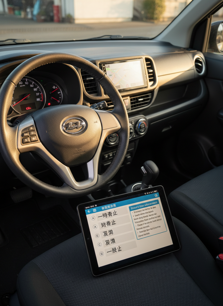 A realistic driving theory practice setup inside a compact Japanese-style car interior, seen from the passenger side with no driver present. On the dark fabric seat lies a tablet displaying a multiple-choice traffic rules quiz in simplified Chinese, with Japanese terms highlighted in bold and an English explanation panel on the side. The dashboard shows clearly rendered speedometer graphics, turn signal indicators, and a small GPS map with Japanese street names. Soft afternoon light enters through the windshield, casting gentle, directional shadows and subtle highlights on the steering wheel’s textured surface. Shot at a slightly elevated angle, with a balanced composition that keeps both the tablet and dashboard in sharp focus, creating a focused, motivating, exam-prep atmosphere in photographic realism.