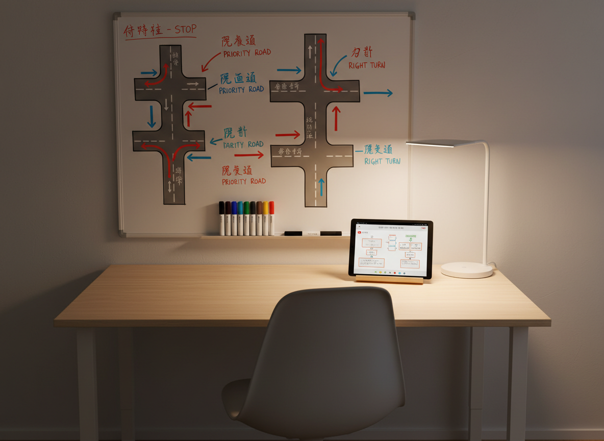 A serene, photographic study corner dedicated to Japanese driving license exam preparation, with an empty ergonomic chair tucked under a pale birch desk, ensuring no people are visible. On the desk, a large wall-mounted whiteboard displays neatly drawn diagrams of Japanese intersections, arrows indicating right- and left-turn rules, and annotations in Japanese, Chinese, and English. Below, a tablet rests on a stand, paused on a detailed explanation of Japanese road priority rules. Warm, diffused evening light from a nearby lamp creates soft, elongated shadows and a gentle glow on the whiteboard markers arranged in a row. Shot from a slightly elevated, three-quarter angle, the composition feels organized and inviting, with a quiet, focused, and professional mood that reflects dedicated exam study.