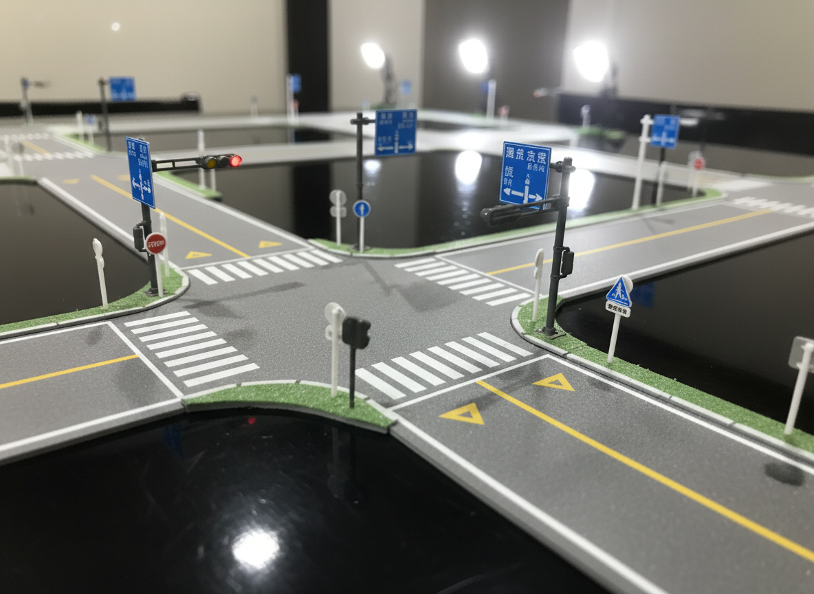 A realistic scene of a small-scale road layout model on a smooth black tabletop, designed for studying Japanese driving scenarios, with no people present. Miniature asphalt-textured roads with crisp white and yellow lane markings wind through tiny intersections equipped with detailed Japanese traffic lights, stop lines, and yield triangles. Miniature signposts display accurate Japanese road signs with legible kanji, kana, and pictograms. Focused overhead LED lighting creates bright, clean highlights on the glossy sign surfaces and soft shadows along the road edges. Captured from a low, slightly oblique angle to mimic a driver’s perspective, with a moderate depth of field to keep the nearest intersection sharp and the far sections gently blurred. The mood is engaging yet professional, ideal for visualizing complex exam scenarios.