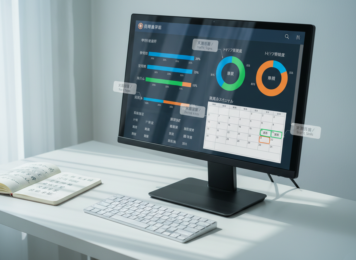 A photographic close-up of a high-resolution computer monitor on a minimalist white desk, displaying a polished MenkyoKit-style analytics dashboard for Japanese driving exam preparation, with no people in sight. The interface shows colorful progress bars, pie charts of topic mastery, and a calendar with scheduled practice sessions, all labeled in Japanese with smaller Chinese and English tooltips. The bezel of the monitor is thin and matte black, resting beside a compact Japanese keyboard and a small notepad filled with neatly printed kanji for traffic terms. Cool, indirect daylight from the side casts subtle reflections on the monitor and creates a soft gradient of light across the desk. The composition centers the screen, with a clean, tech-focused, professional atmosphere in photographic realism.