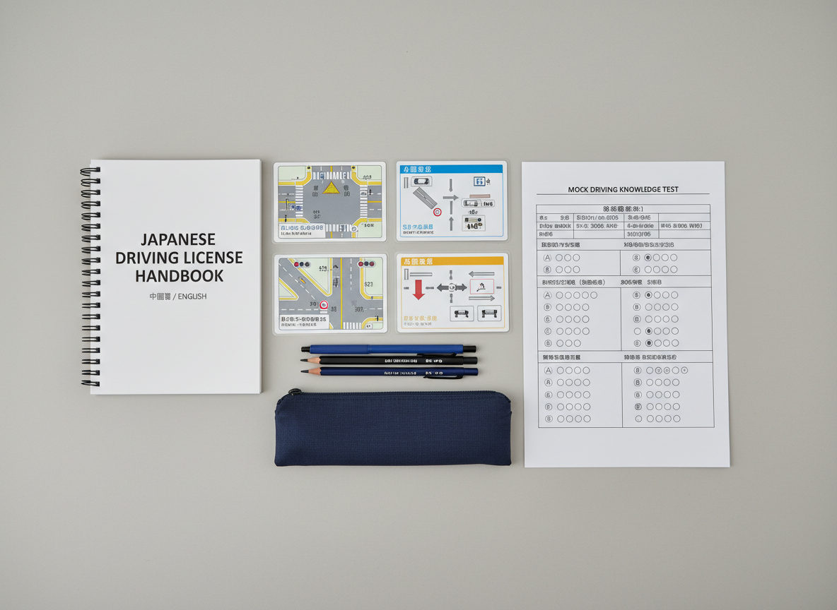 An overhead, photographic image of a meticulously organized Japanese driving license study kit laid out on a light gray desk surface, with no people present. Items include laminated illustrated cards of Japanese intersections, lane markings, and priority rules; a spiral-bound handbook with trilingual cover text in Japanese, Chinese, and English; a printed mock exam sheet with neatly filled bubbles; and a slim pencil case with precision mechanical pencils aligned parallel. Soft, diffused studio lighting falls evenly across the scene, eliminating harsh shadows and emphasizing fine print and line illustrations. The composition follows a flat-lay style with clear spacing between objects, creating a calm, systematic, and professional mood that reflects an all-in-one foreigner-friendly learning platform.
