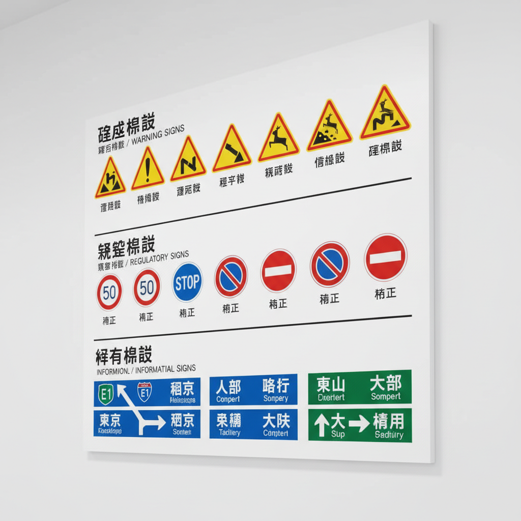 A close-up, photographic view of a detailed Japanese road sign reference board mounted on a smooth white wall, carefully organized into sections for warning signs, regulatory signs, and informational signs, each labeled in Japanese with small Chinese and English translations underneath. The signs are vividly colored with crisp edges: bright reds, deep blues, and high-contrast blacks on white backgrounds. Overhead diffused studio lighting creates even illumination with soft, almost invisible shadows, enhancing legibility. The composition uses a slightly angled perspective to show depth across the board while keeping all text sharply in focus. The mood is professional and instructional, evoking the feel of a high-quality exam preparation platform.