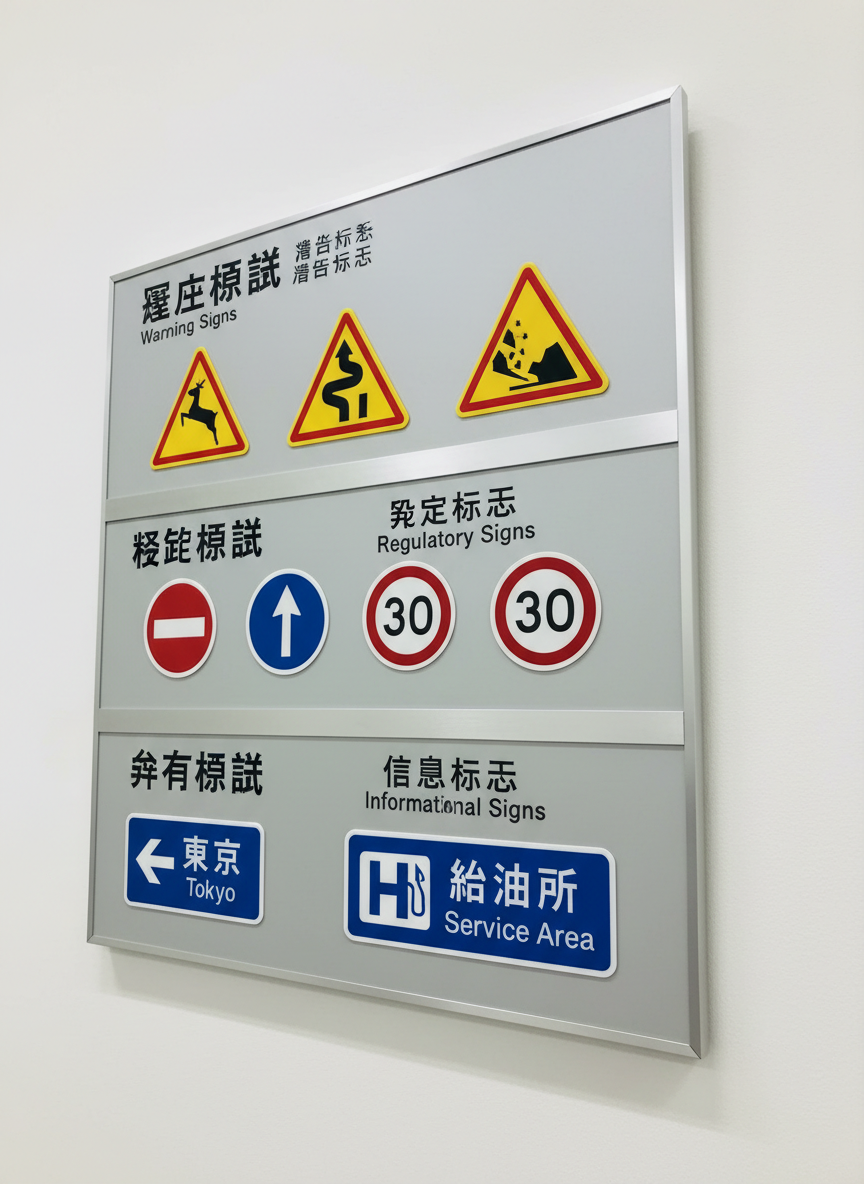 A close-up, photographic view of a detailed Japanese road sign reference board mounted on a smooth white wall, carefully organized into sections for warning signs, regulatory signs, and informational signs, each labeled in Japanese with small Chinese and English translations underneath. The signs are vividly colored with crisp edges: bright reds, deep blues, and high-contrast blacks on white backgrounds. Overhead diffused studio lighting creates even illumination with soft, almost invisible shadows, enhancing legibility. The composition uses a slightly angled perspective to show depth across the board while keeping all text sharply in focus. The mood is professional and instructional, evoking the feel of a high-quality exam preparation platform.